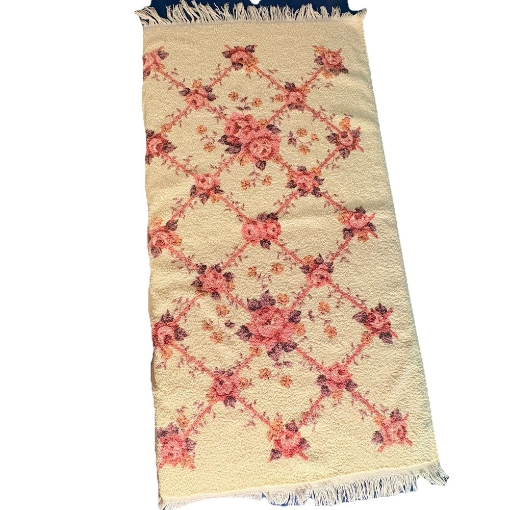 Set/2 - Vintage Cannon Floral Bath Towels Pink Rose Fringe Cottagecore USA